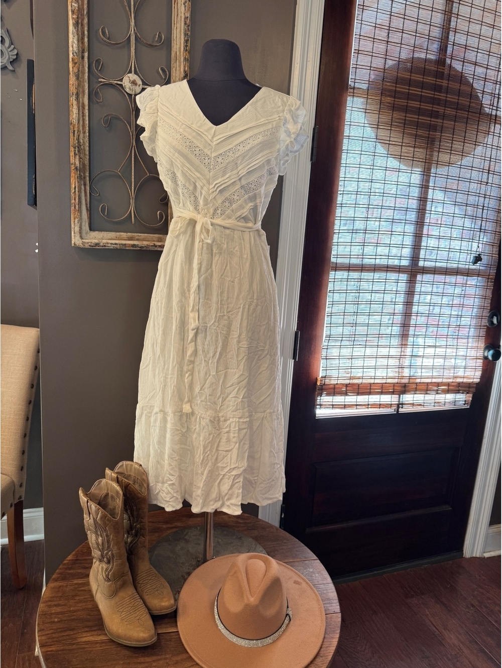 NWT Lucky Brand White midi Dress Ruffle Sleeves